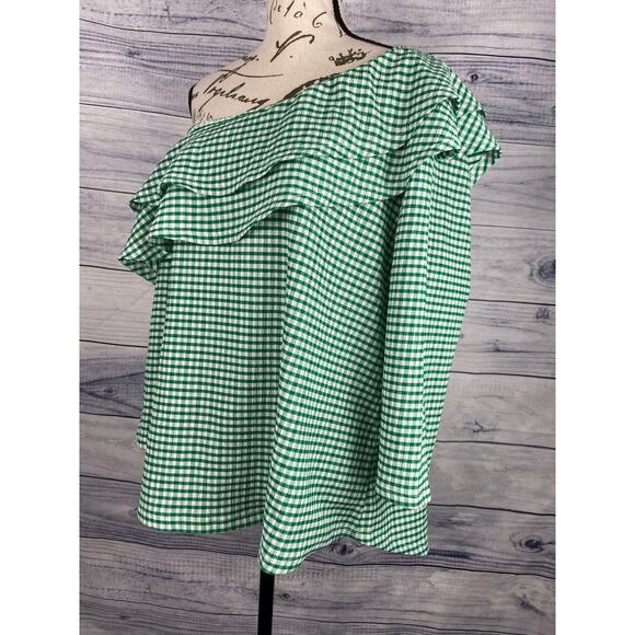 Cato One Shoulder Ruffle Blouse Top Women Size Medium Green Gingham Stretch - Picture 4 of 12